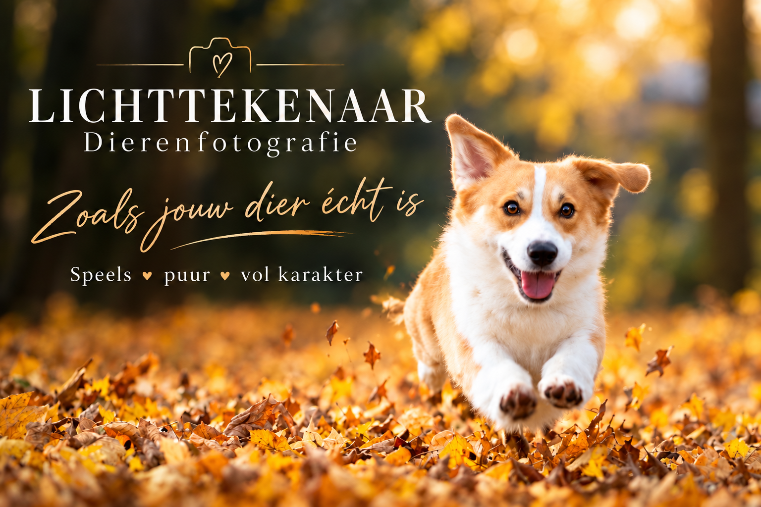 Een spelende hond tussen herfstbladeren