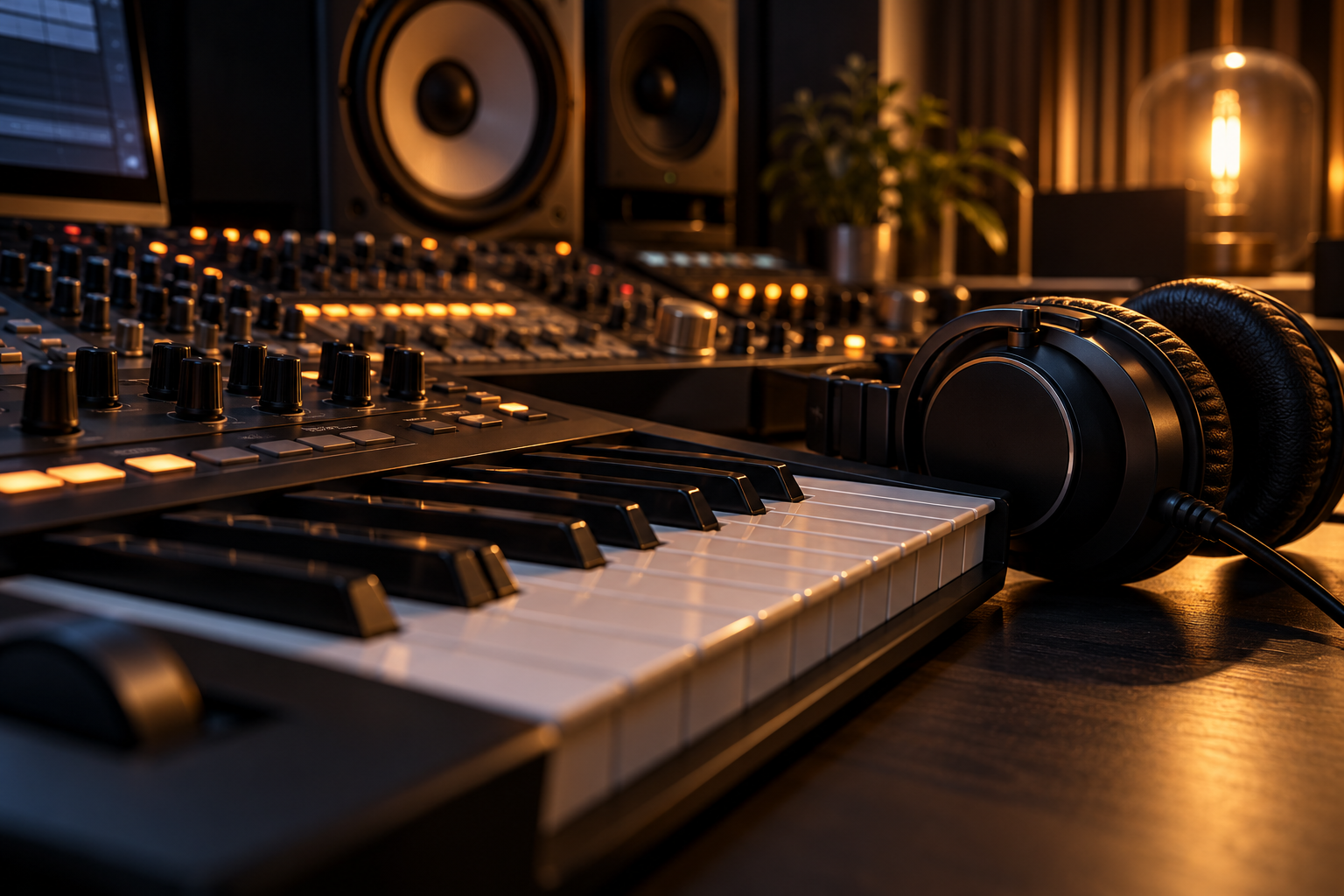 Keyboard en hoofdtelefoon in een muziekstudio