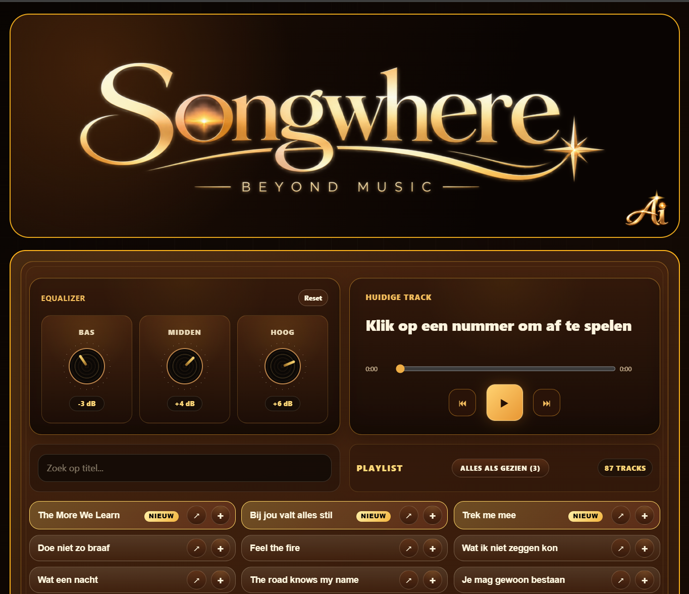 Screenshot van de Songwhere-website met muziekspeler en playlist